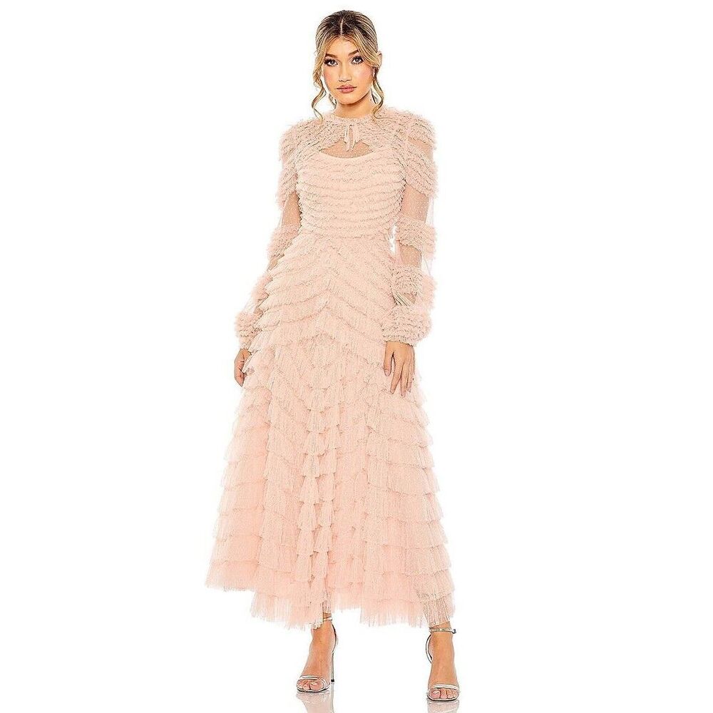 Mac Duggal Pale Pink Ruffled Tulle Midi Dress